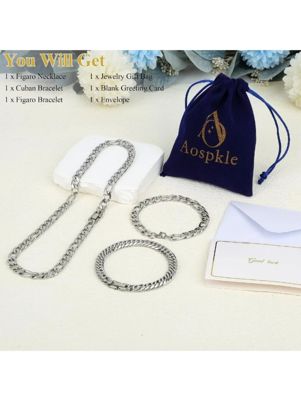 Stylish 3PCS Cuban Figaro Chain Jewelry Set - Silver, Gold, Black Stainless